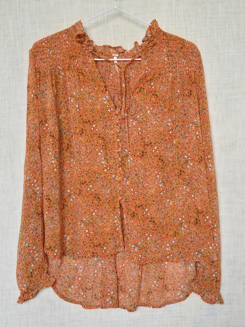 Free People Sheer Coral Floral Print Lela Blouse w Self Covered Buttons Size S